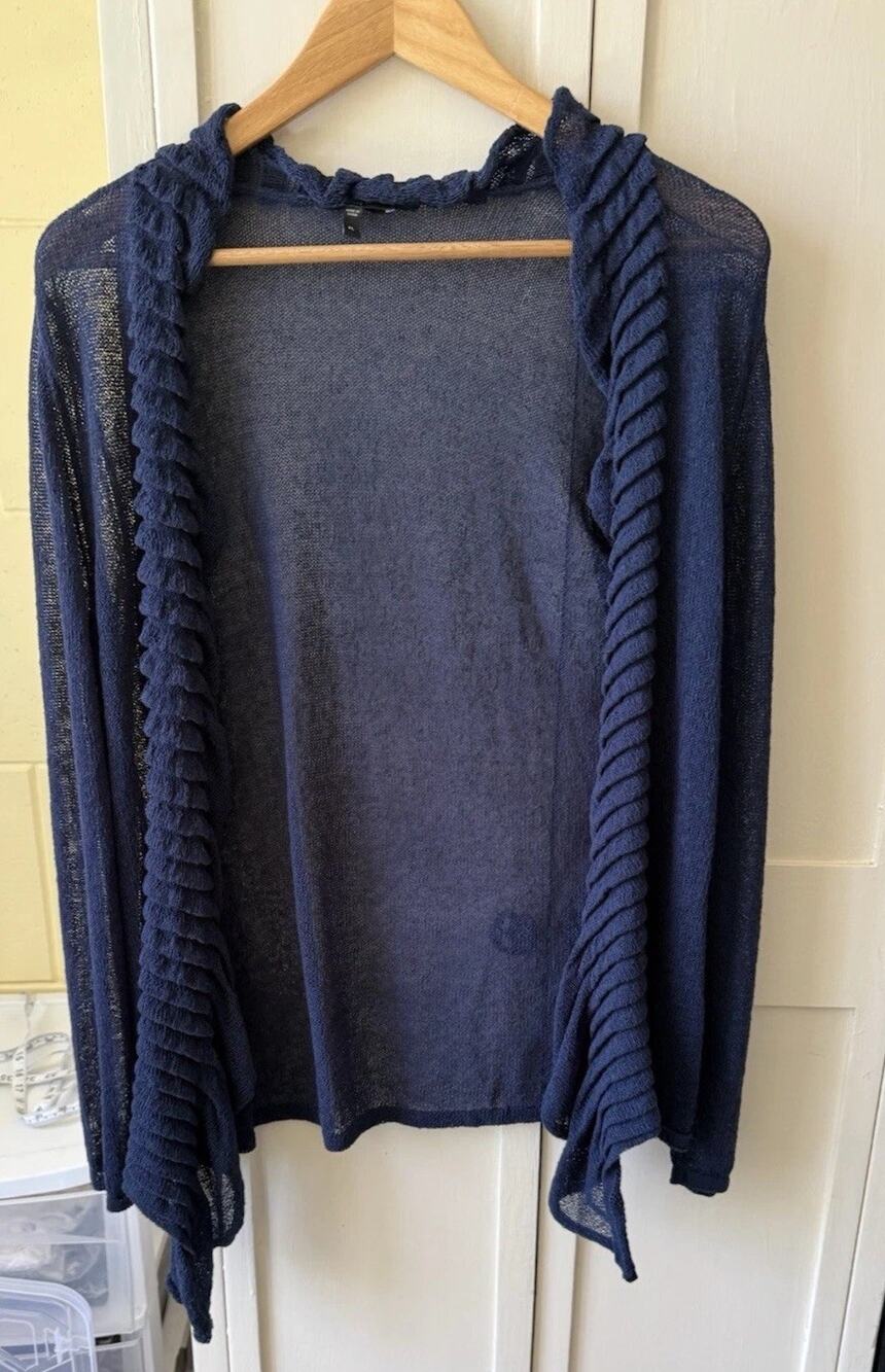 Eileen Fisher Navy Pleated Ruffle Front Knit Open Cardigan Size Petite Large PL
